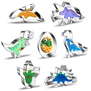 Imagem de Conjunto de cortadores de biscoito de dinossauro - 7 peças de tricerátopo, estegossauro, T-Rex, brontossauro, pterodáctilo, pegada de dinossauro e cortadores de biscoito de ovo formas de biscoito para crianças DIY animal festa de aniversário