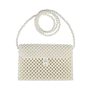 Imagem de Bolsa de ombro feminina de luxo com pérolas brancas bolsa de ombro para mulheres bolsa de pérola transversal com contas bolsa de noite, branca, Branco/preto