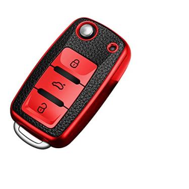 Imagem de YJADHU Capa de couro TPU para chave de controle remoto de carro, apto para Volkswagen VW Bora Polo Tiguan Jetta Passat B5 B6 B7 Golf Beetle Skoda Octavia, vermelho