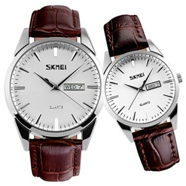 Imagem de Par de relógios para casais, homens e mulheres, conjunto de relógio dele e ela, marido, esposa, dia dos namorados, relógio de pulso combinando, presentes de casamento, à prova d'água, moda empresarial, quartzo, calendário analógico SKMEI, Pulseira marrom*Caixa prateada *Mostrador branco, Clássico