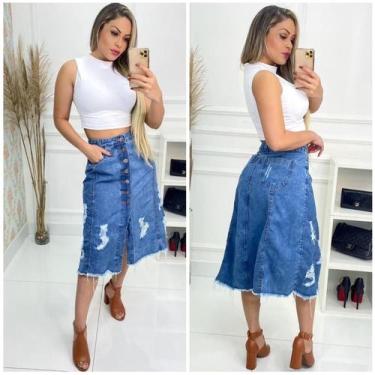 Saia jeans midi rodada evangélica, moda evangélica