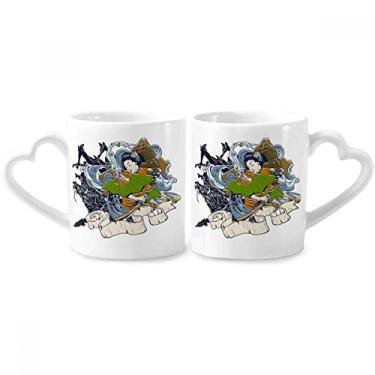 Imagem de Quimono japonês feminino Samurai espada casal conjunto de canecas de porcelana cerâmica amante xícara coração alça