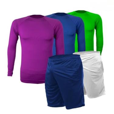 Imagem de 3 Camisetas Térmica Segunda Pele + 2 Calções Masculino Bermuda com Bolso Proteção UV (G, Roxo-Azul-VerdeN-Azul-Branco)