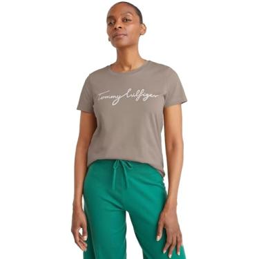 Imagem de Tommy Hilfiger Camiseta feminina de algodão de desempenho – Camisetas estampadas leves, (Coleção Assinatura 2024) Cáqui Areia, P