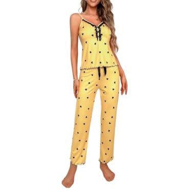 Imagem de COZYEASE Conjunto de pijama feminino, 2 peças, estampa de coração, acabamento em renda, blusa e calça, fofo, pijama macio, Amarelo, M