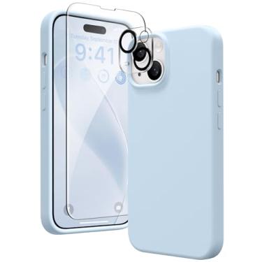 Imagem de GONEZ Capa de silicone líquido compatível com iPhone 15, capa de silicone líquido com [3 protetores de tela + 3 projetores de lente de câmera], forro de microfibra macio antiarranhões à prova de choque capa fina para telefone de 6,1 polegadas, azul