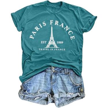 Imagem de Camiseta feminina Paris França Torre Eiffel Camiseta Viagem na França Camisetas de férias Paris Tops, Ciano, M