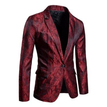 Imagem de Blazer masculino casual com um botão, casaco com bolso, cor sólida, casaco casual, Vermelho, XXG