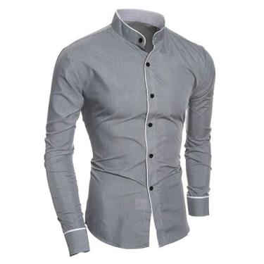 Imagem de Camisa slim fit clássica cor sólida minimalista gola alta com base de cardigã de patchwork personalizado, Cinza, M