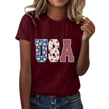Imagem de 4 de julho camisetas femininas patrióticas dos EUA estampa floral casual solta manga curta blusa túnica básica gola redonda, Vinho, M