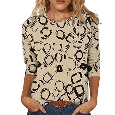 Imagem de Camisetas femininas de manga 3/4 com estampa de borboleta, gola redonda, casual, verão, roupas modernas, Caqui, XXG
