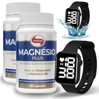 Imagem de Kit 2x Magnésio Plus Com 90 Cápsulas Vitafor Acompanha Relógio Esportivo Aprova D'agua Preto