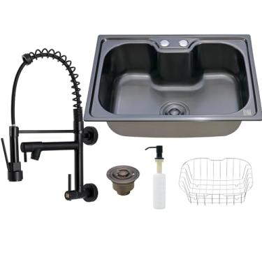 Imagem de HOLTTER Kit Cuba Aço Inox com Torneira Gourmet Flexível Cuba Gourmet Aço Inox com Acessórios Torneira Gourmet de Bancada Flexível Monocomando Torneira Gourmet de Parede (Parede, Preto)