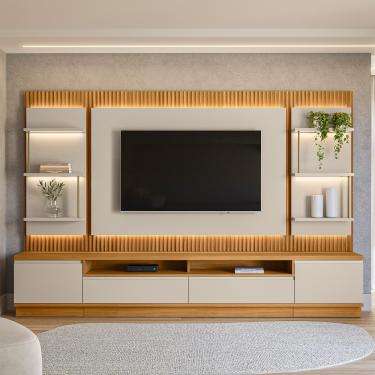 Imagem de Estante Home para TV de até 70 Polegadas 2 Portas 2 Gavetas Ripado LED São Paulo Linea Brasil - Tauari/Off White Fosco