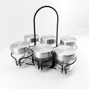 Imagem de Porta Condimento Temperos com Tampa Inox 6 Pçs Kit Giratório - Casa Am