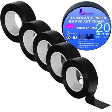 Imagem de kit 5 fita isolante 20 metros 20m Antichama 19mm Preta Profissional - 