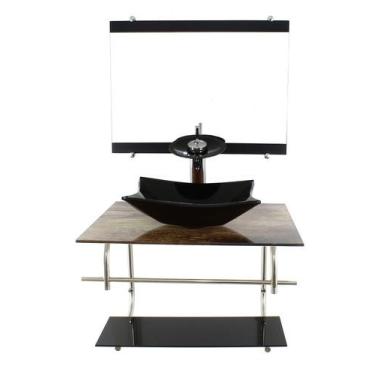 Imagem de Gabinete de vidro inox para banheiro 60cm retangular madeira rústica -