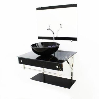 Imagem de Kit gabinete banheiro 60cm iqx inox com cuba redonda  mármore preto + 