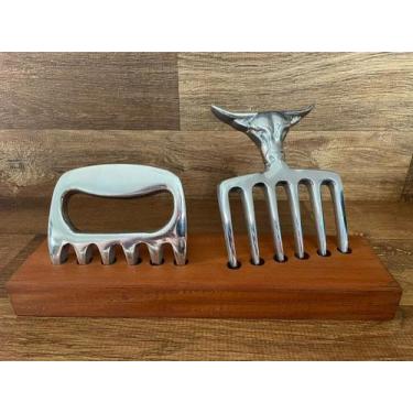 Imagem de Kit garra churrasco + Garfo Boi 6 Dentes Aluminio + Madeira - Funditex