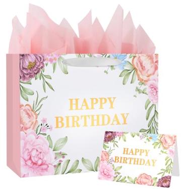 Imagem de ASYEHJNR Saco de presente de feliz aniversário tamanho grande de 33 cm metálico dourado com estampa floral de flor de peônia bolsa de presente retrô com cartão de felicitações e papel de seda e alça