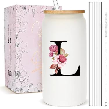 Imagem de Presentes personalizados para mulheres, copo de vidro fosco monograma com canudo e tampa, caneca personalizada fofa, copos de café gelado com inicial personalizada, copo de bebida personalizável,
