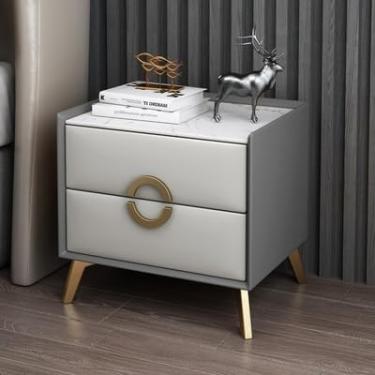 Imagem de Mesa de cabeceira pequena para móveis de quarto, cômoda de madeira para quarto, mesa lateral de café com armazenamento, mesa de cabeceira com 2 gavetas, mesa de cabeceira de madeira maciça, cinza
