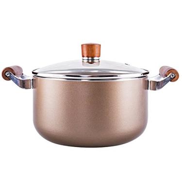 Imagem de Panela pequena estilo japonês de 21 cm, panela antiaderente, panela dupla de macarrão, sopa, mingau, leite quente com tampa, 21 cm, panela de sopa de fundo duplo, dourada, 4 litros (com tampa de vidro)