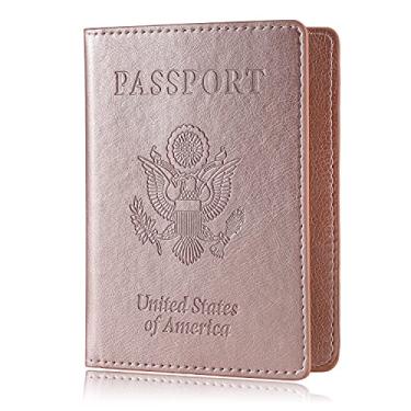 Imagem de Hübsch Carteira de passaporte para passaporte com porta-cartão de vacina, capa carteira de viagem de couro PU para mulheres e homens (ouro rosa)