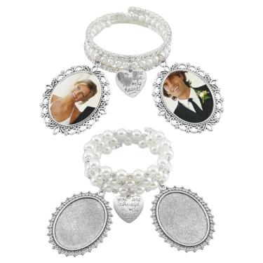Imagem de SUPERFINDINGS 2 peças, 2 estilos, porta-retratos de buquê de casamento, berloques de buquê para casamento, pérola, strass, laços triplos, berloques de foto memorial com cabochão de vidro para