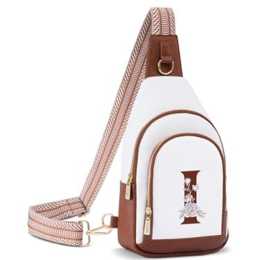 Imagem de Lizznoe Bolsa tiracolo feminina de couro com letra inicial pochete para viagem, presente para esposa e mãe, Branco/Marrom