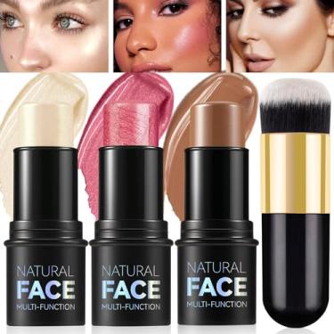 Imagem de LSxia Kit De Maquiagem Em Bastão De Contorno Cremoso 3 Peças - Bastão De Blush Cremoso, Bastão Iluminador, Bastão De Contorno, Bastão Bronzeador Para Bochechas, À Prova D'Água, Duradouro, Misturável
