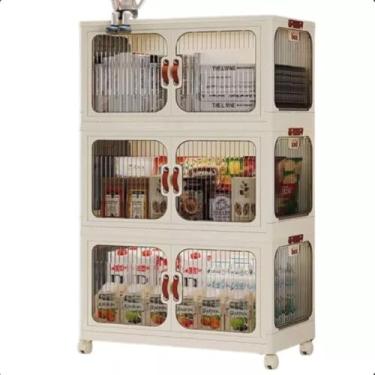 Imagem de Armário Multiuso 3 Caixa Armazenamento Organizador Dobrável Com Rodinha Empilhável Vertical Prateleira Organizadora Guarda Roupas Visor Transparente Para Quarto Dispensa Sapateira