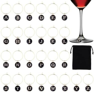 Imagem de 52 peças de pingentes de taças de vinho com 1 bolsa de armazenamento preta, anéis de pingente de vidro, etiquetas de vidro para festas, marcadores de vinho, marcadores de letras e contas para