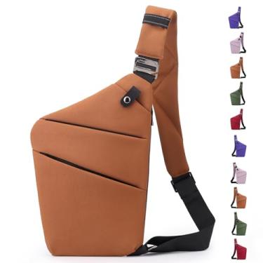 Imagem de Macleria Bolsa tiracolo antirroubo, bolsa tiracolo para mulheres e homens, bolsa de ombro com vários bolsos para viagens, esportes, trabalho, Marrom-ombro direito