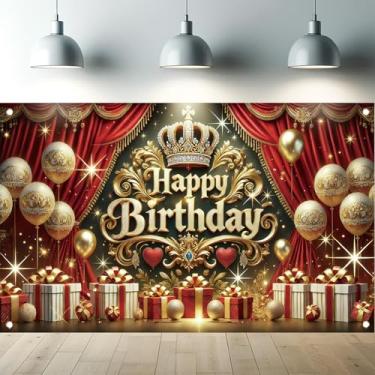 Imagem de Starlit Patio Banner de fundo de feliz aniversário dourado vermelho para decoração de festa de aniversário, fundo fotográfico, 180 x 109 cm, coroa elegante, balão, presente, mesa, aniversário,
