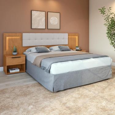Imagem de Cabeceira Box 1,60 Easy Glow Tecido Corano Bege Com Led Amendoa Clean