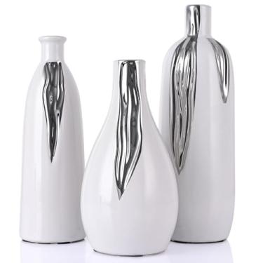 Imagem de Conjunto de 3 peças de vasos de cerâmica, vasos brancos e prateados para decoração de casa, vasos decorativos para cornijas, prateleiras e decoração de entrada, centros de mesa de jantar, salas de
