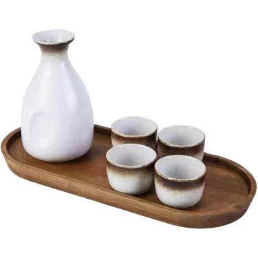 Imagem de Conjunto De Saquê Japonês Garrafa De Saquê De Cerâmica E Copos De Saquê Com Bandeja De Madeira Para Casa Ou Restaurante, Oval Tray Large 1 Pot 4 Cups (Mocha)