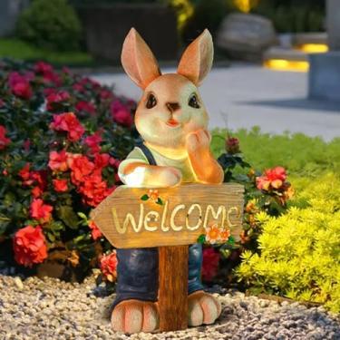 Imagem de WONDHOME Estátua solar de coelho grande de 56 cm, decoração de jardim, estátua de coelho em resina com placa de boas-vindas decoração de coelho ao ar livre para varanda, pátio, gramado, quintal