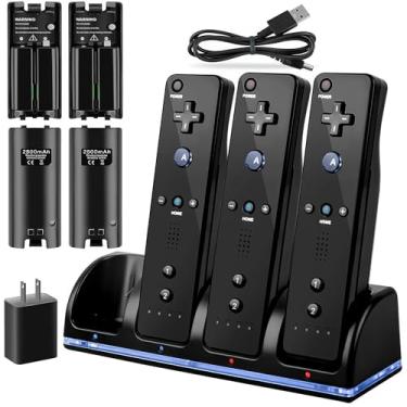 Imagem de Estação de carregamento 4 em 1 para controle remoto Wii/Wii U, carregamento com 4 pacotes de bateria recarregável de 2800 mAh + estação de carregamento de 4 portas + plugues + cabo USB, não inclui