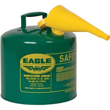 Imagem de Eagle Lata De Gás Segurança Verde Tipo I 5 Galões Para Óleo E Outros Combustíveis Com Corta-Chamas, Tampa Fechamento Automático Funil F-15, Armazenamento Inflamáveis Aço Galvanizado, Ui50Fsg