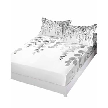 Imagem de Jogo de lençol Queen, elástico, lençol com elástico alto, folhas de eucalipto, cinza, folhas de eucalipto, branco, lençol com elástico alto, lençol de elástico para quarto