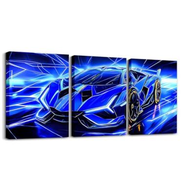 Imagem de Feelyou Pintura de parede de carro de corrida azul infantil pôsteres velocidade carro esportivo decoração de parede meninos meninas carro de corrida arte de parede para sala de estar quarto esportes