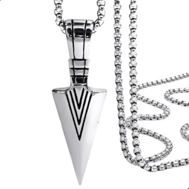 Imagem de Colar Masculino Viking Pingente Flecha de Thor em Aço Inoxidável – Colar Nórdico Ponta de Lança Inox Amuleto de Proteção – Acessório Medieval – Presente para Namorado, Estilo Tribal (Prata, 60cm)