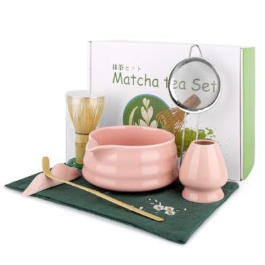 Imagem de WANDiORY Conjunto de chá Matcha de 7 peças – Kit Matcha japonês completo com tigela de cerâmica, batedor e suporte de bambu, colher e descanso, peneira e toalha de chá – perfeito para amantes de