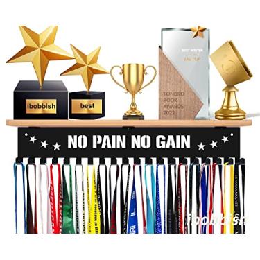 Imagem de iBobbish Prateleira de exibição de troféu e suporte de medalhas, suporte de medalhas com prateleira para medalhas, prateleira resistente para troféu de futebol em metal preto suporte de parede sobre grandes medalhas prateleira de exibição de troféu