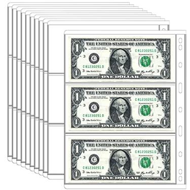 Imagem de 10 folhas de capas para moedas para colecionadores, 30 bolsos protetores de papel para dinheiro de papel para coleção de dinheiro de papel, organizador de cupons, páginas de álbum para notas de dinheiro (3 bolsos)