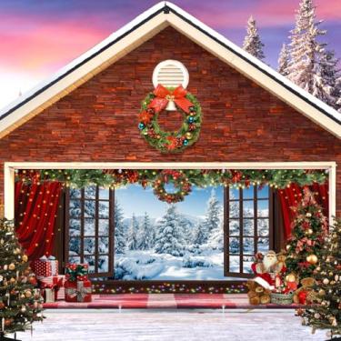 Imagem de Capa de decoração de porta de garagem de Natal, faixa de cobertura de porta de garagem de férias, janela de inverno, presentes de árvore de Natal, 2 carros, garagem, porta, bandeira, quintal,