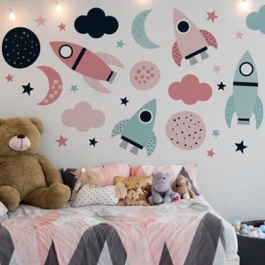 Imagem de Adesivo de Parede Espaço e Foguetes Rosa 35un Cobre 2m² - Quartinhos