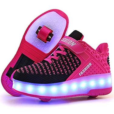 Imagem de Tênis de skate Qneic USB recarregável com rodinhas duplas para meninos e meninas com duas rodas, 24-rose-double Wheels, 3 Little Kid